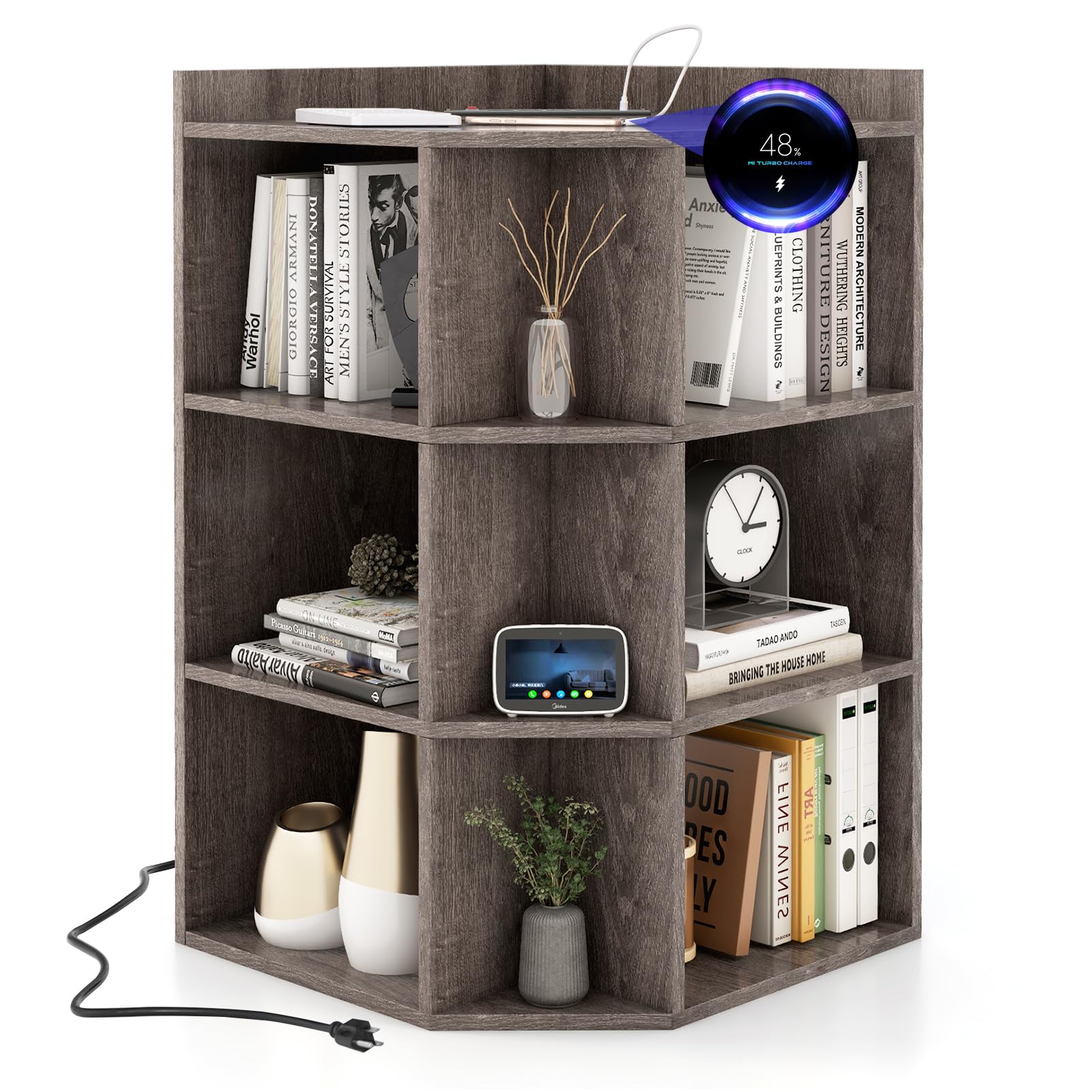 Bibliothèque d'angle Tangkula à 9 compartiments avec station de charge, meuble d'angle à 90 degrés avec 2 ports USB et 4 prises de courant
